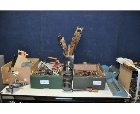 THREE TRAYS AND A METAL TOOLBOX CONTAINING TOOLS ETC including files, saws, a coaching lamp, etc