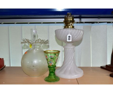 A WHITE OPAQUE OIL LAMP, with clear chimney and etched glass shade, height 36cm to top of fitting, together with a Contintent