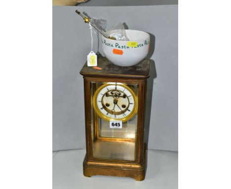 A LATE 19TH CENTURY FRENCH BRASS CASED MANTEL CLOCK OF RECTANGULAR FORM, four glazed panels, white enamel chapter ring with R