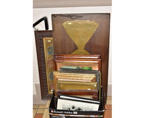 PICTURES AND PRINTS ETC, to include a needlework sampler named to Betsy Stinson 1858, the central section of repeat font alph