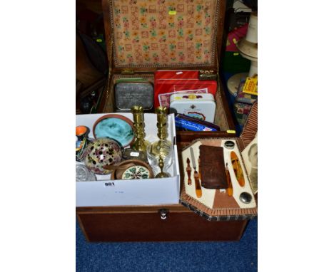 TWO WOODEN CHESTS AND ONE BOX OF CERAMICS, GLASS AND METAL OBJECTS, to include Shelley vase with Kingfisher on a black ground