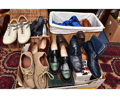 A BOX AND TWO WICKER BASKETS OF GENTS AND LADIES SHOES, IN-FLIGHT BAGS, ETC, to include six pairs of gents shoes, size (, sev