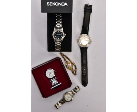 A SMALL QUANTITY OF WRISTWATCHES, to include a ladies boxed 'Sekonda' wristwatch, round black dial, dot markers, date window 