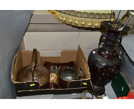 A BOX OF LOOSE METALWARES AND TREEN, ETC, to include a Japanese bronzed vase converted to a table lamp, height 46cm (not incl