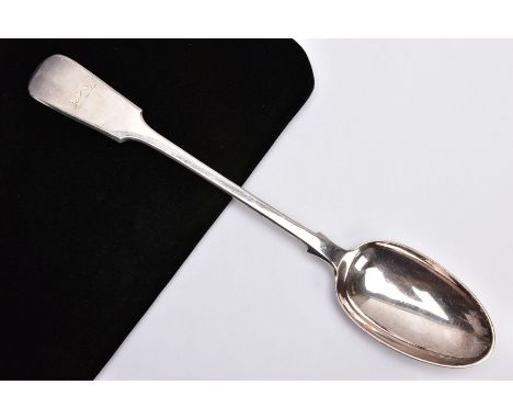 A SILVER BASTING SPOON, large Fiddle pattern serving spoon, engraved greyhound dog the handle, hallmarked 'Josiah Williams &a