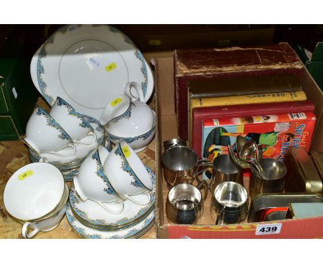 TWO BOXES AND LOOSE CERAMICS, BOOKS AND METALWARES, to include twenty one piece Royal Doulton 'Marlborough' H4988 teawares (s