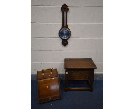 AN 18TH CENTURY STYLE CARVED OAK BOX STOOL, width 48cm x depth 30cm x height 48cm, along with an Edwardian mahogany purdonium