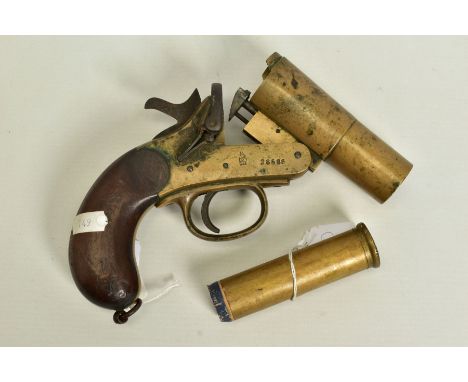 A 1'' WEBLEY &amp; SCOTT MK II FLARE/SIGNAL PISTOL, made in 1918 and bearing military proof marks, it has a brass frame and b