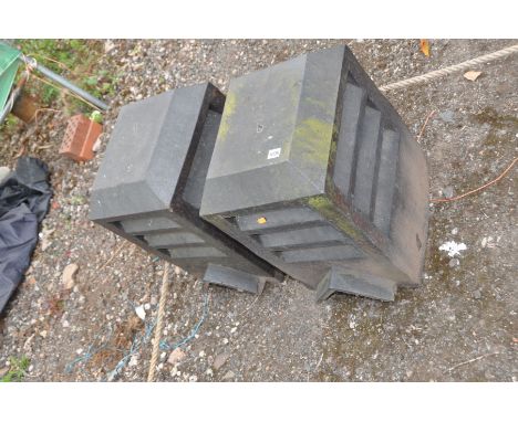 A PAIR OF VINTAGE BLUE CHIMNEY TOPPERS louvred sides, square section 58cm high
