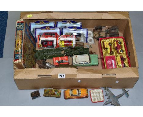 A QUANTITY OF ASSORTED PLAYWORN TOYS, to include Dinky Supertoys Thorneycroft Mighty Antar Tank Transporter, No. 660, Ensign 