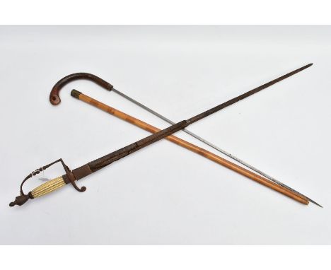 AN EARLY 20TH CENTURY SWORD STICK, blade length approximately width 70cm, long umbrella style handle, contained in a bamboo s