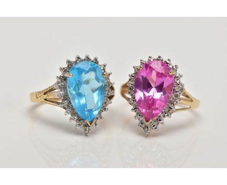 TWO 9CT GOLD GEM RINGS, the first designed as a central pear shape blue topaz within a single cut diamond surround, ring size