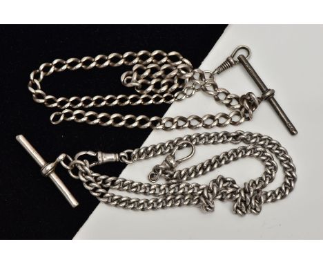 TWO SILVER ALBERT CHAINS, the first a curb link chain fitted with two lobster hook clasps, also fitted with a T-bar, length 3