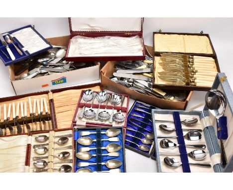 A BOX OF ASSORTED CUTLERY, to include two cased sets of twelve-piece fish knives and forks, a cased set of six shell shaped s