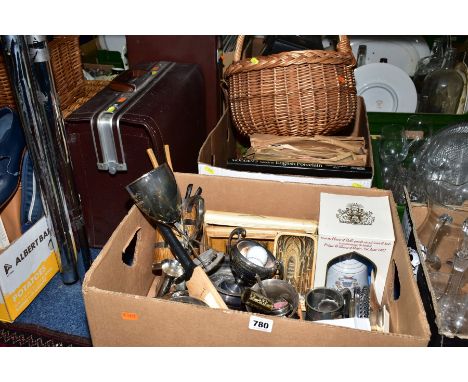 TWO BOXES AND LOOSE METALWARES, BOOKS, LUGGAGE ETC, to include a miniature cricket bat with various signatures, plated ware i