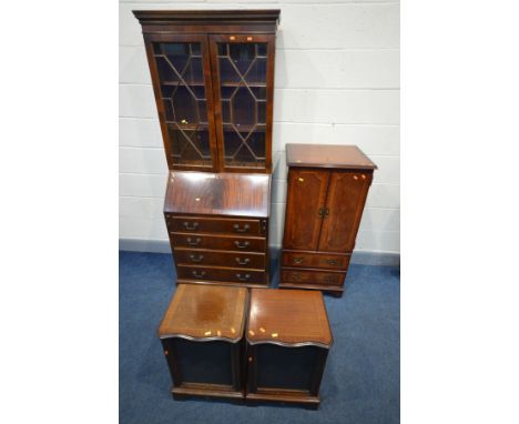 A MAHOGANY BUREAU BOOKCASE, width 75cm x depth 45cm x height 189cm, along with a hi-fi cabinet and pair of speaker cabinets (