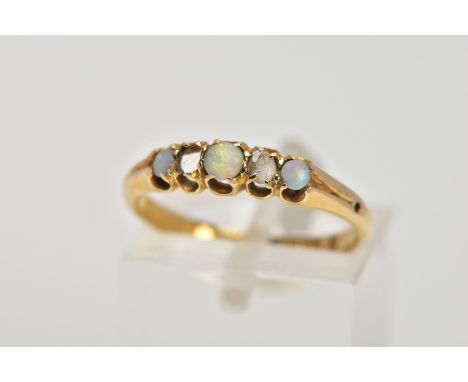 A LATE VICTORIAN, 18CT GOLD GEM SET RING, five stone design with three graduated opal cabochons and one rose cut diamond (one