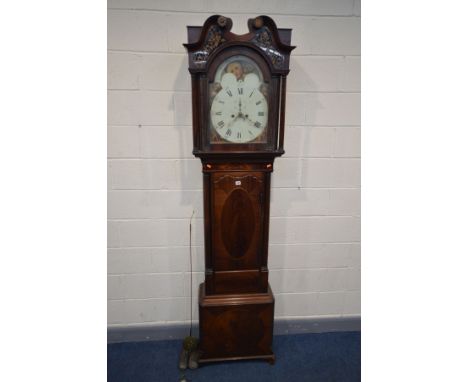 A GEORGE IV MAHOGANY 8 DAY LONGCASE CLOCK, the hood with decorated glass panels below a swan neck pediment and twin columns f