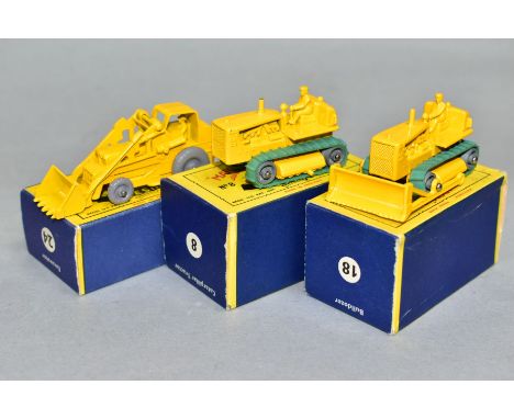 THREE BOXED MATCHBOX 1-75 SERIES VEHICLES, Caterpillar Tractor, No.8, Caterpillar Bulldozer, No.18 and Weatherill Hydraulic E