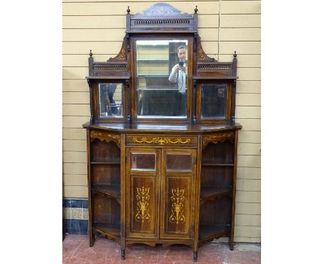 AN EDWARDIAN INLAID ROSEWOOD MIRRORED SIDE CABINET, the triple mirror top with shelf detail, pierced balustrade and urn finia