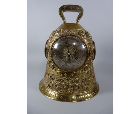 A LATE 19th CENTURY FRENCH BRASS NOVELTY TIMEPIECE &amp; THERMOMETER with barometer, cast bell form shape with scrolls and fi