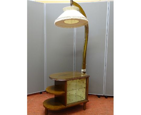 AN ART DECO STYLE WALNUT SIDE TABLE incorporating a mini cocktail cabinet and standard lamp with shade, 173 cms high, 77 cms 