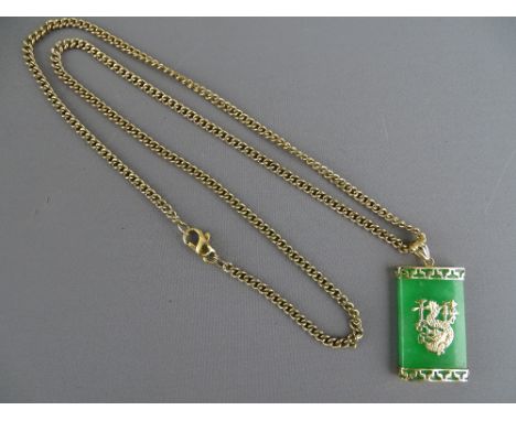 A FOURTEEN CARAT GOLD RECTANGULAR JADE PENDANT on a modern nine carat gold necklace, 29 cms long overall, 17.8 grms gross