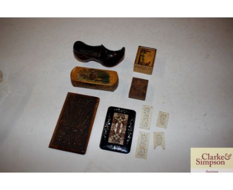 A carved wooden clog; a stamp box; various decorative book covers; snuff box etc.