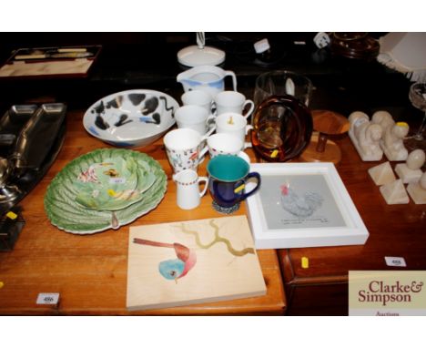 A Spode "Floral Haven" dish; a Murano type glass sculpture; a chicken print; a decorative pottery leaf shaped dish; various m