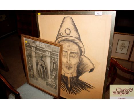 An antique print depicting a King; and a charcoal portrait of an Oriental gentleman 