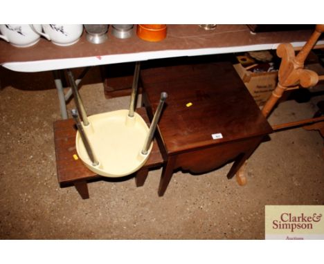 A wooden stool; a retro stool; and a mahogany commode