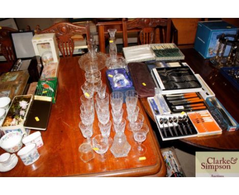 A quantity of various table glassware including a cased bell