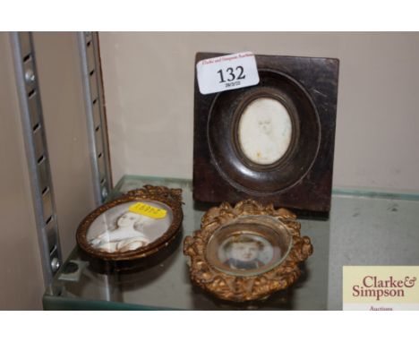 19th Century oval miniature portrait of a lady; a miniature of a gentleman gilt frame and another portrait AF