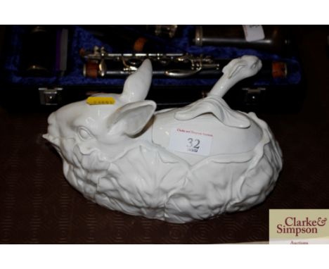 A blanc de chine rabbit tureen with ladle