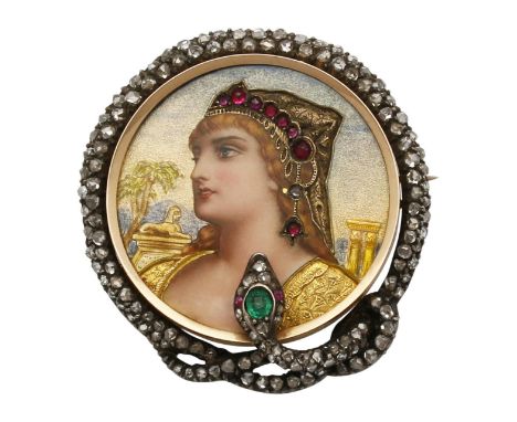   Portrait-Brosche Historische Brosche mit ägyptischem Motiv in Gelbgold 14K. Feine Email-/  Portrait-Brosche  Historische Br