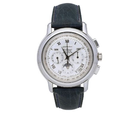   ZENITH Herrenarmbanduhr Modell El Primero Fly Back in Stahl. Uhrwerk Automatik mit Monat, Tag, Datum und Mondphase mit  ver