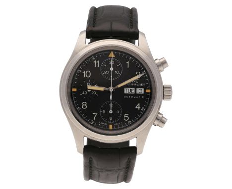   IWC Herrenarmbanduhr Fliegeruhr Chronograph in Stahl. Uhrwerk Automatik mit schwarzem Zifferblatt  IWC Herrenarmbanduhr   F
