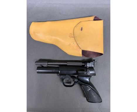 Vintage air pistol - Webley (?), 0.22'' bore, shaped bakerlite butt grip and in leather protective holster, overall good cond