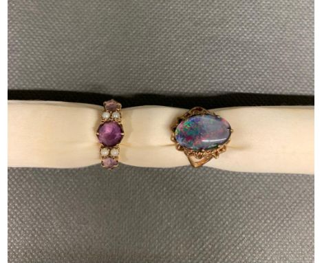 2 x antique rings a doublet Opal set in 9ct gold together with Amethyst set with pearls . Total weight 7.1 grams    Opal M an