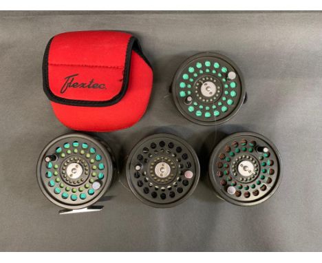 Vintage Airlfo 3 3/34 all metal fly reel in protective case. Comes with 3 spare spools all with trout lines - sinking interme