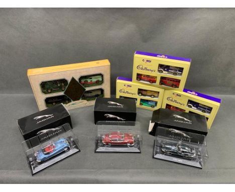 A collection of boxed model cars, vintage Jaguars, corgi Cadbury lorries and special vintage 4 x pack of vintage cars