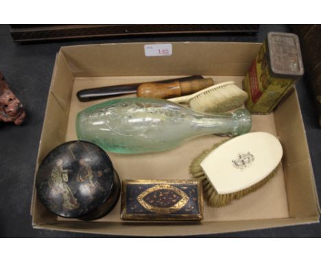 C19th 3 x ivory handled items and 2 lacquer boxes, Advertising tin, Beleen item, Codd bottle & Treen