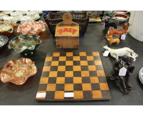 Quimper carved toy cradle, sycamore salt box and chess board