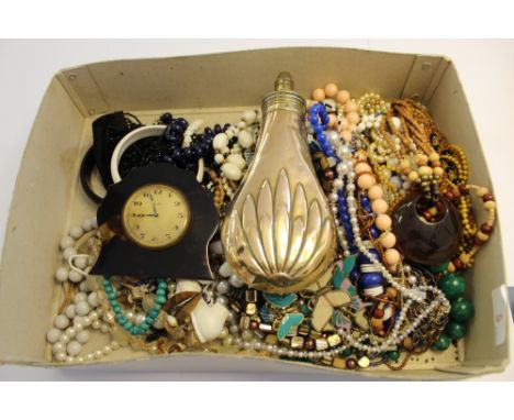 Box containing costume jewellery, powder flask, Swiss tortoiseshell clock