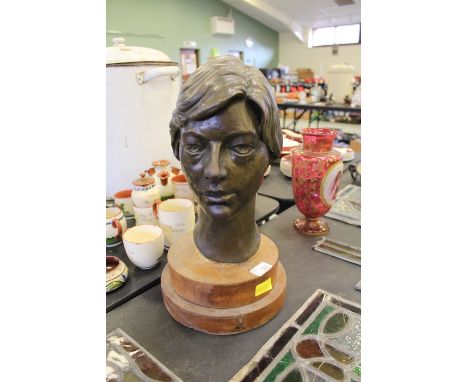 ARR Ifor Freeman (20th Century Cumbrian) - Bronze sculpture - Portrait bust of a middle aged woman, unsigned, on wooden socle