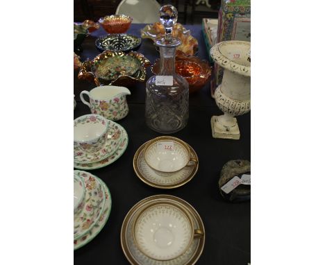 Glass decanter and Royal Doulton cup and plates (2x)