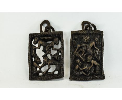 Tribal Art/Possibly Slavery Interest Pair Of Unusual Wooden Carved Wall Plaques Each Depicting Four Figures Both With Wooden 