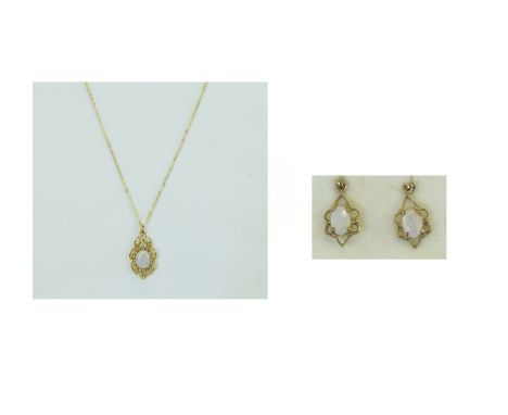 9ct Gold Pendant set with opal, suspended on a 9ct gold chain. Together with a pair of 9ct gold oval set earrings.