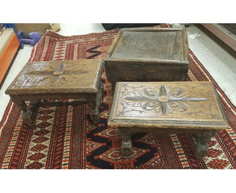 Two small carved oak miniature stools and an Indian carved teak stool