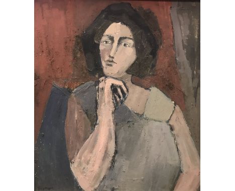 JUDY TWYNAM "Woman in pensive pose her chin upon her clenched fist" a portrait study, half length, oil on canvas, signed lowe